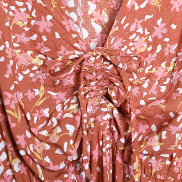 ROXY Floral Short Romper Brown/Orange Pink Tie Bust Long Sleeve Keyhole Back - Picture 5 of 11